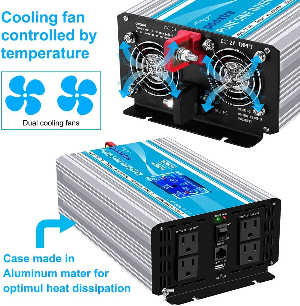 2000 Watt Pure Sine Wave Power Inverter 12V DC to 110V AC with LCD Display USB Port 4 AC Outlets Y335288