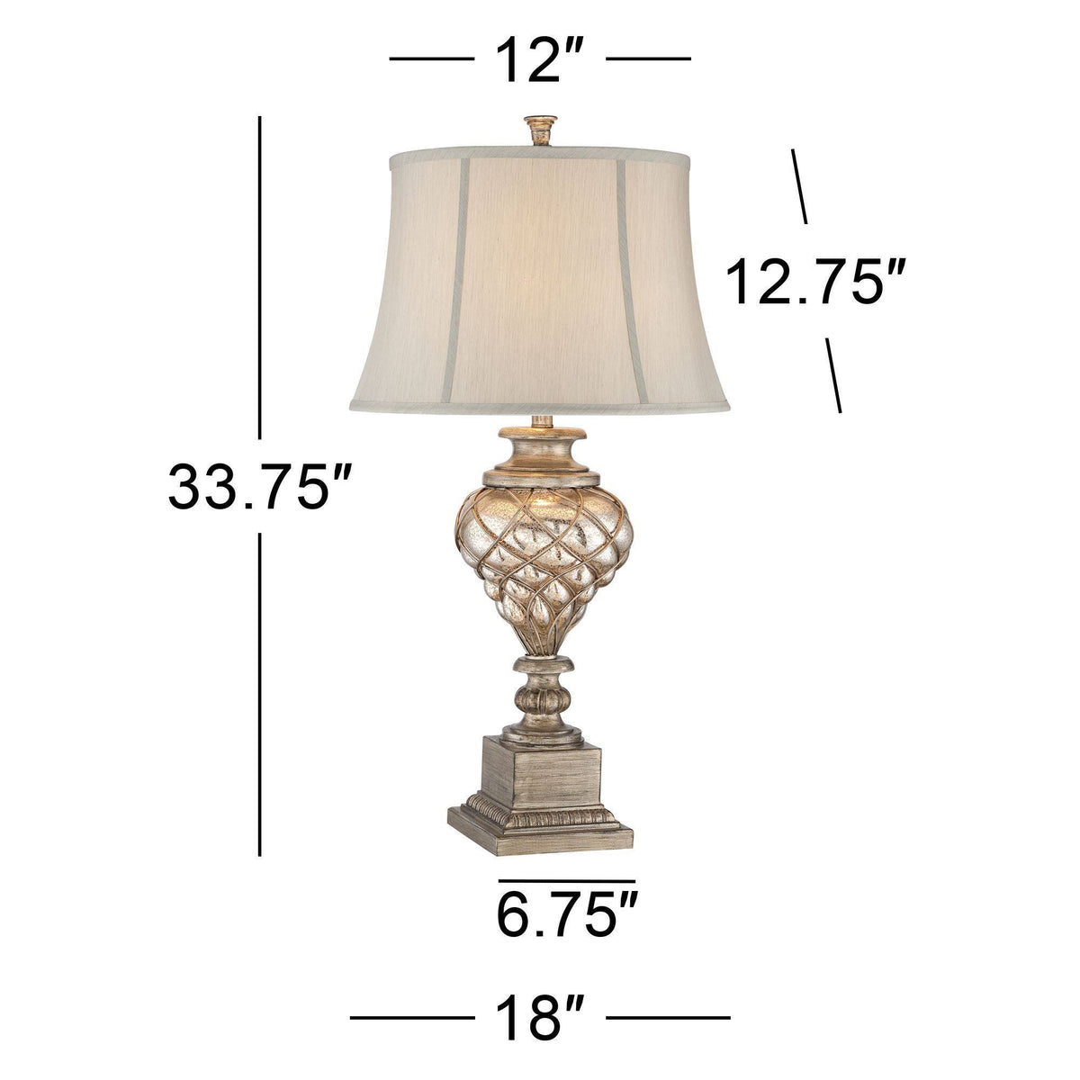 Traditional Table Lamp with Nightlight LED Mercury Glass Off White Fabric Bell Shade N516