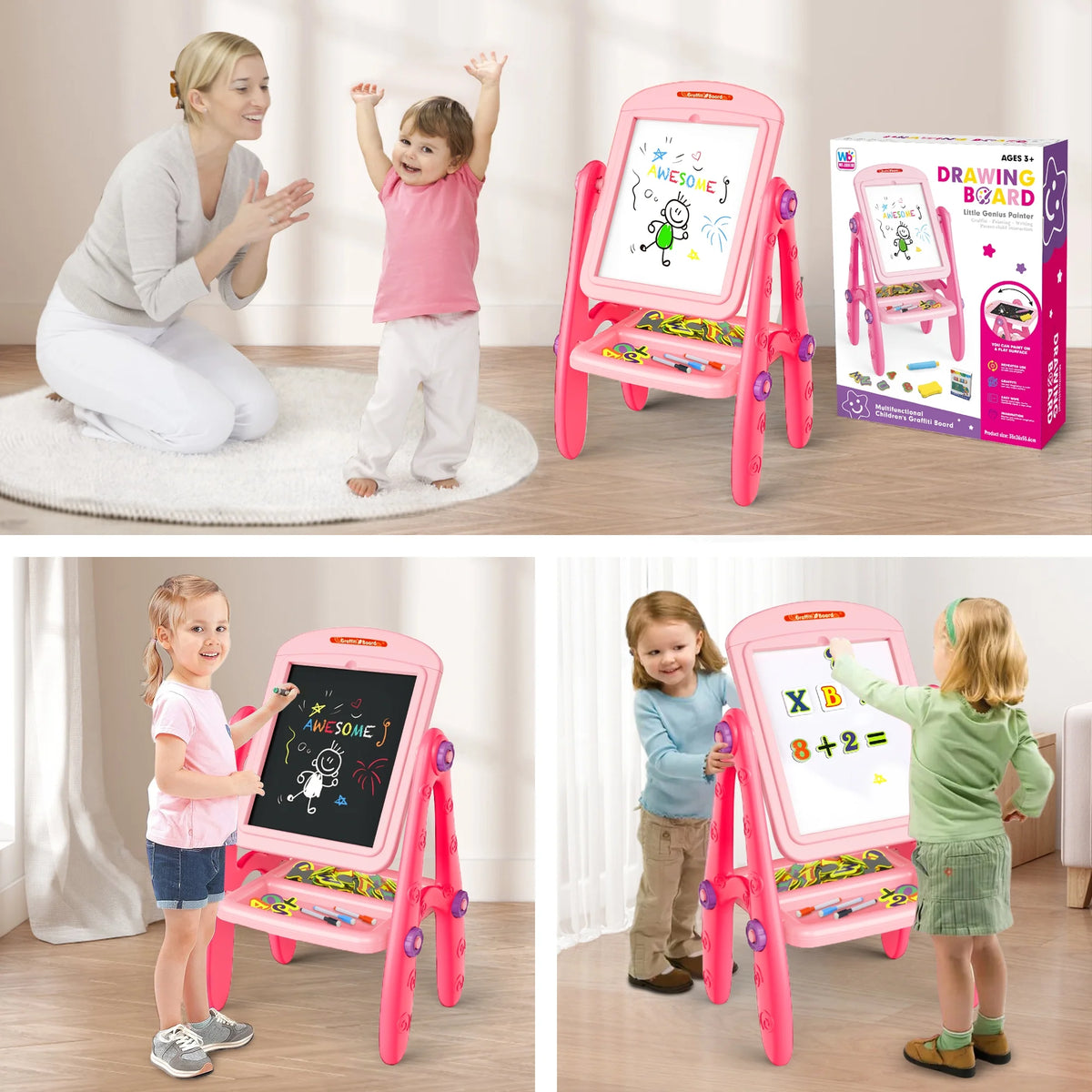Pink Rotatable Double Sides Art Easel with Whiteboard & Chalkboard P886