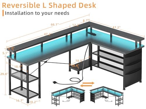Black Carbon Fiber L Shaped Gaming Desk with Power Outlet and LED Lights C9126