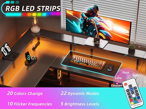 Black Carbon Fiber L Shaped Gaming Desk with Power Outlet and LED Lights C9126