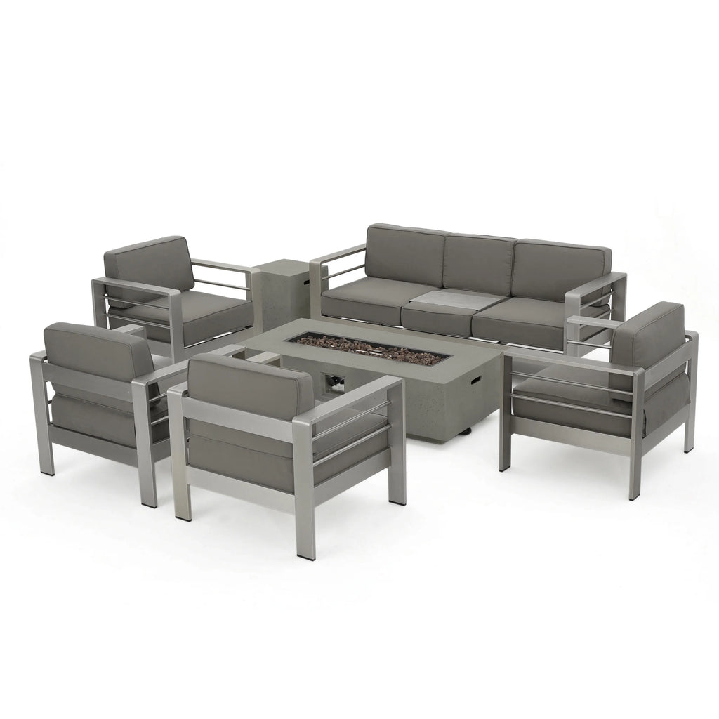 Light Gray and Gray 7 Seater Aluminum Chat Set with Fire Pit Q525787