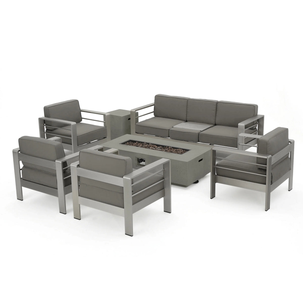 Light Gray and Gray 7 Seater Aluminum Chat Set with Fire Pit Q525787