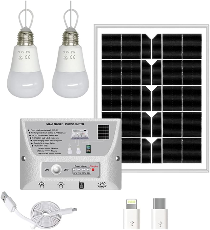Solar Pendant Lighting System with Cell Phone Charger, 12W Solar Panel with 4 Bulbs Solar Lighting Kit E7343