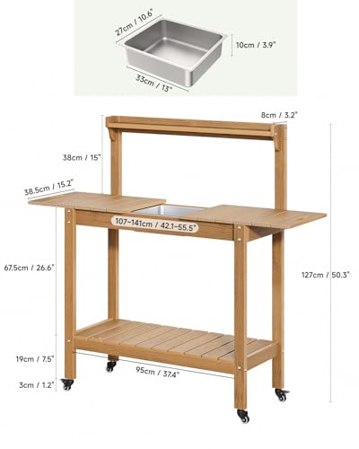 Outdoor Potting Bench with Sliding Tabletop, 4 Wheels, Removable Sink I986133