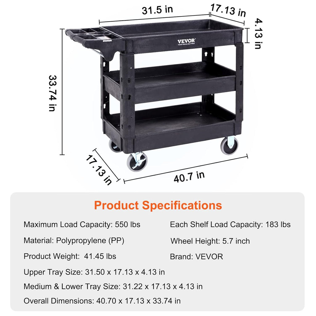 Black 3 Shelf Heavy Duty Utility Cart with Swivel Wheels O189