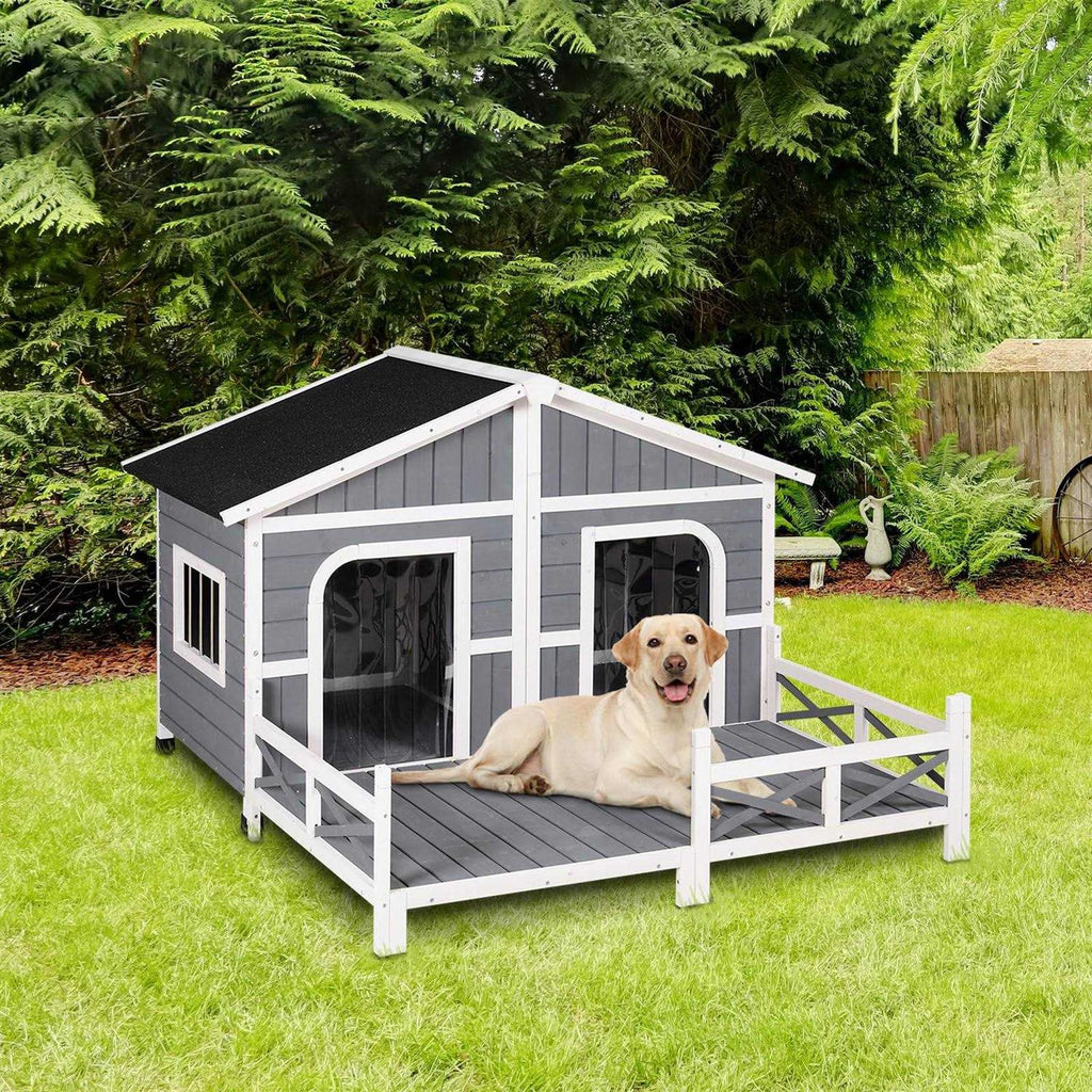 Wood Large Dog House Elevated Pet Shelter with Porch Deck V144
