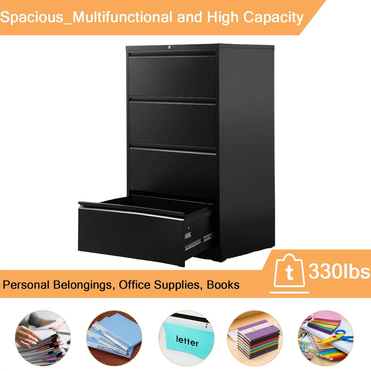 4 Drawer Black File Cabinet with Lock C2101