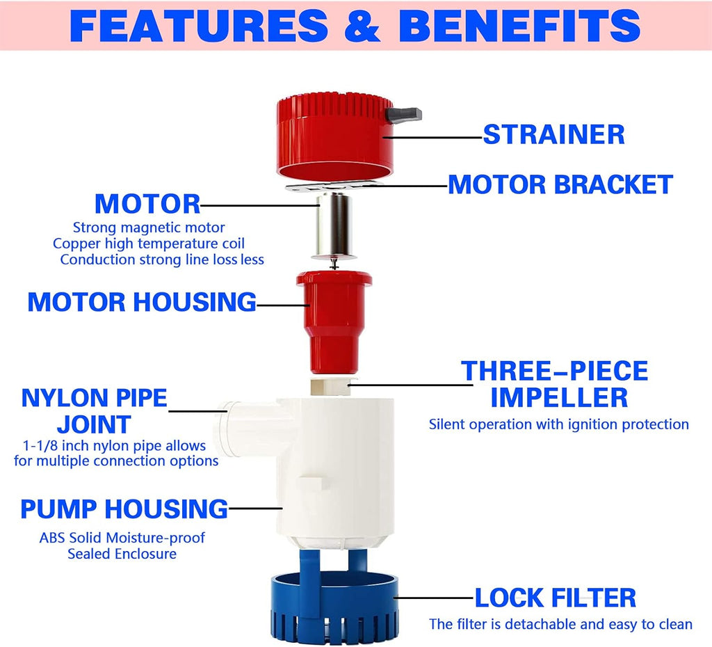 DC Submersible Bilge Water Pump 750 GPH 12V 3/4 inch Hose Outlet Q8324