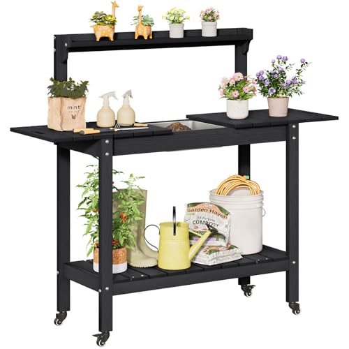 Outdoor Potting Bench with Sliding Tabletop, 4 Wheels, Removable Sink I986133