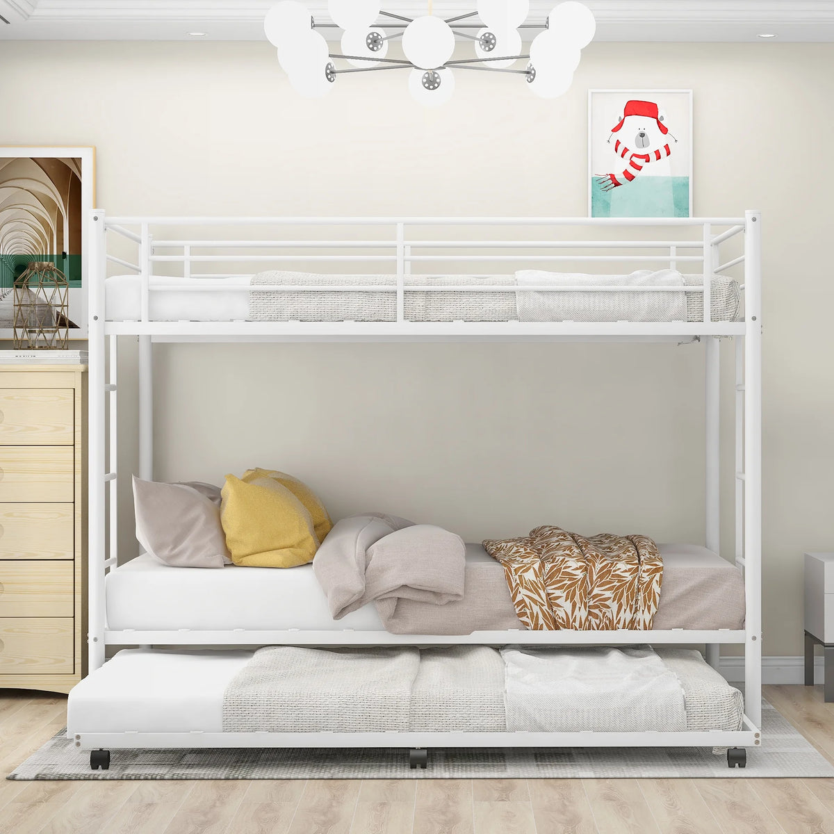 White Metal Twin over Twin Bunk Bed with Trundle P604