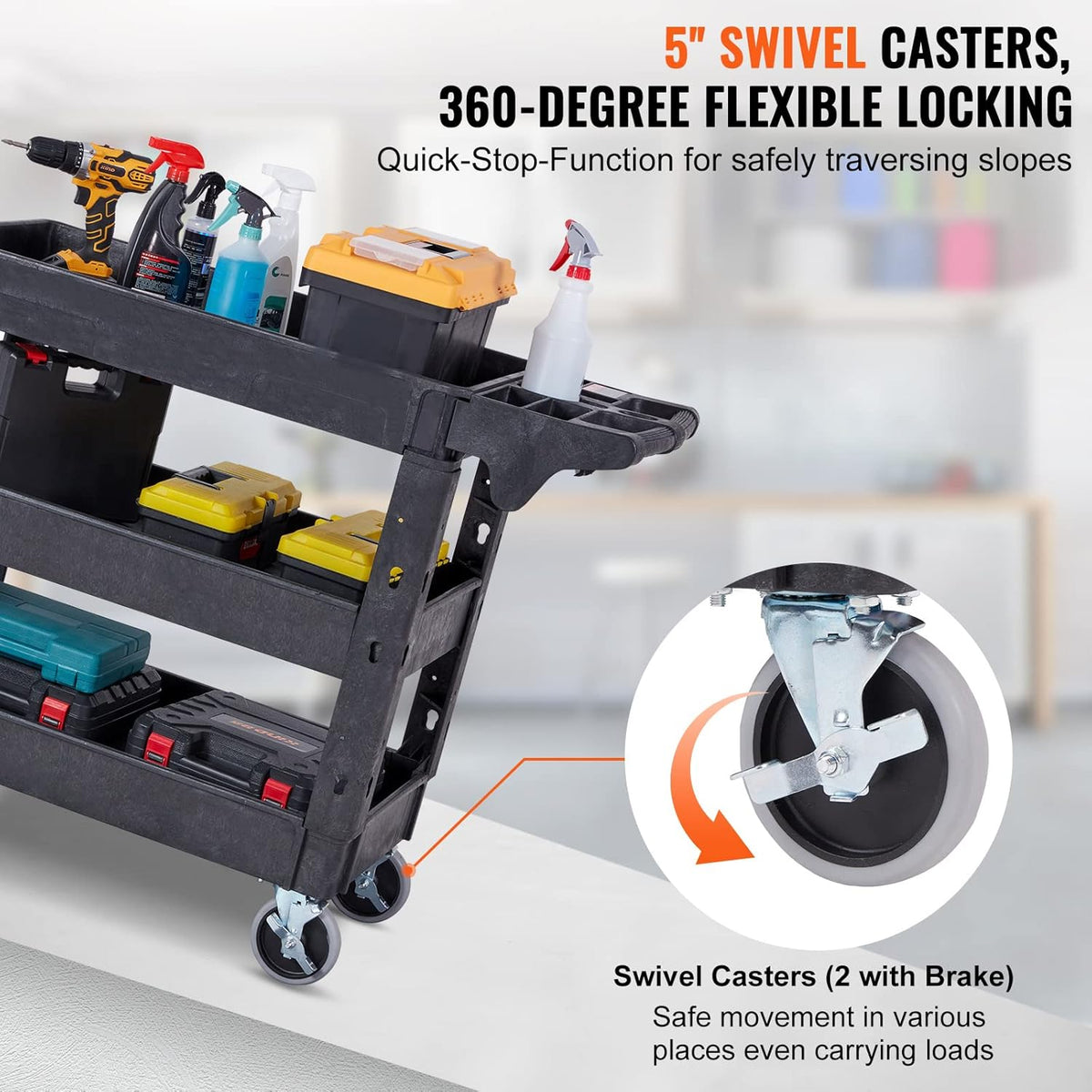 Black 3 Shelf Heavy Duty Utility Cart with Swivel Wheels O189
