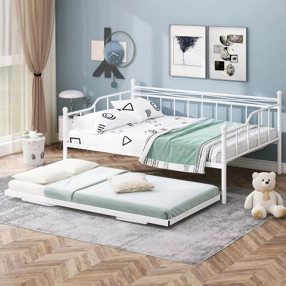 Full Size White Metal Daybed with Twin Size Adjustable Trundle I188