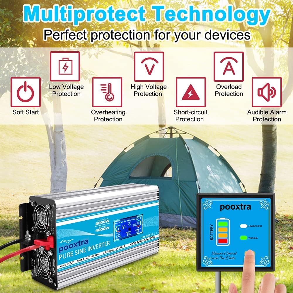 2000 Watt Pure Sine Wave Power Inverter 12V DC to 110V AC with LCD Display USB Port 4 AC Outlets Y335288