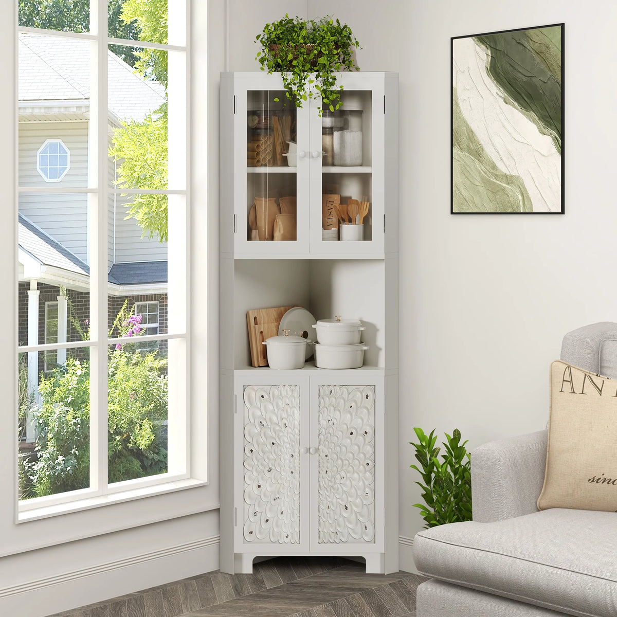 White 4 Door Tall Corner Storage Cabinet E400764
