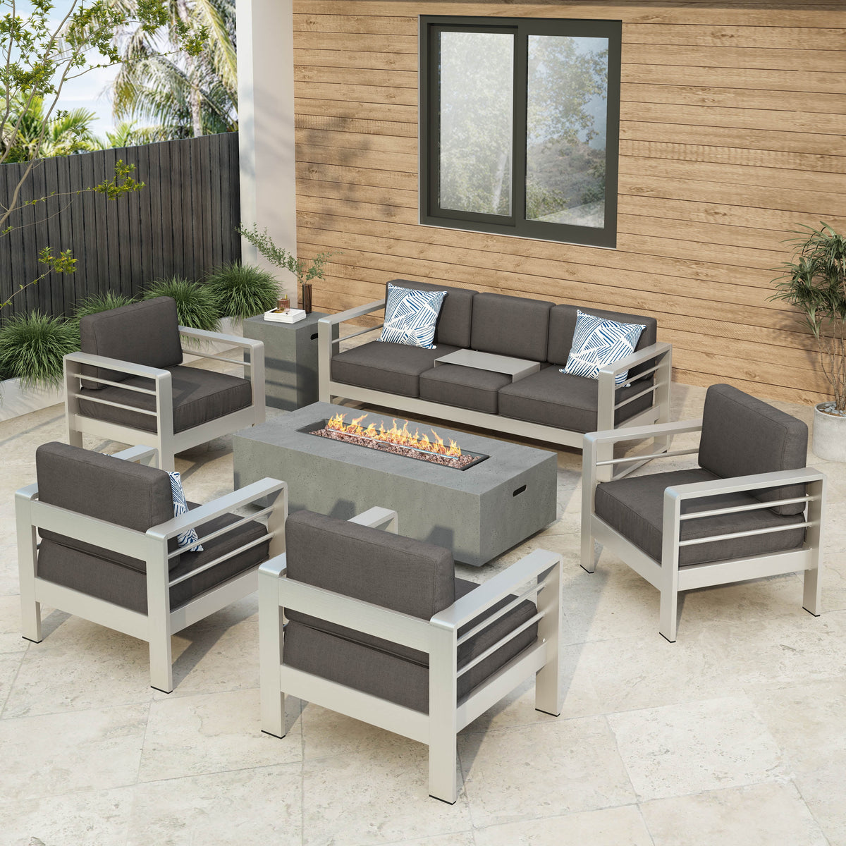 Light Gray and Gray 7 Seater Aluminum Chat Set with Fire Pit Q525787