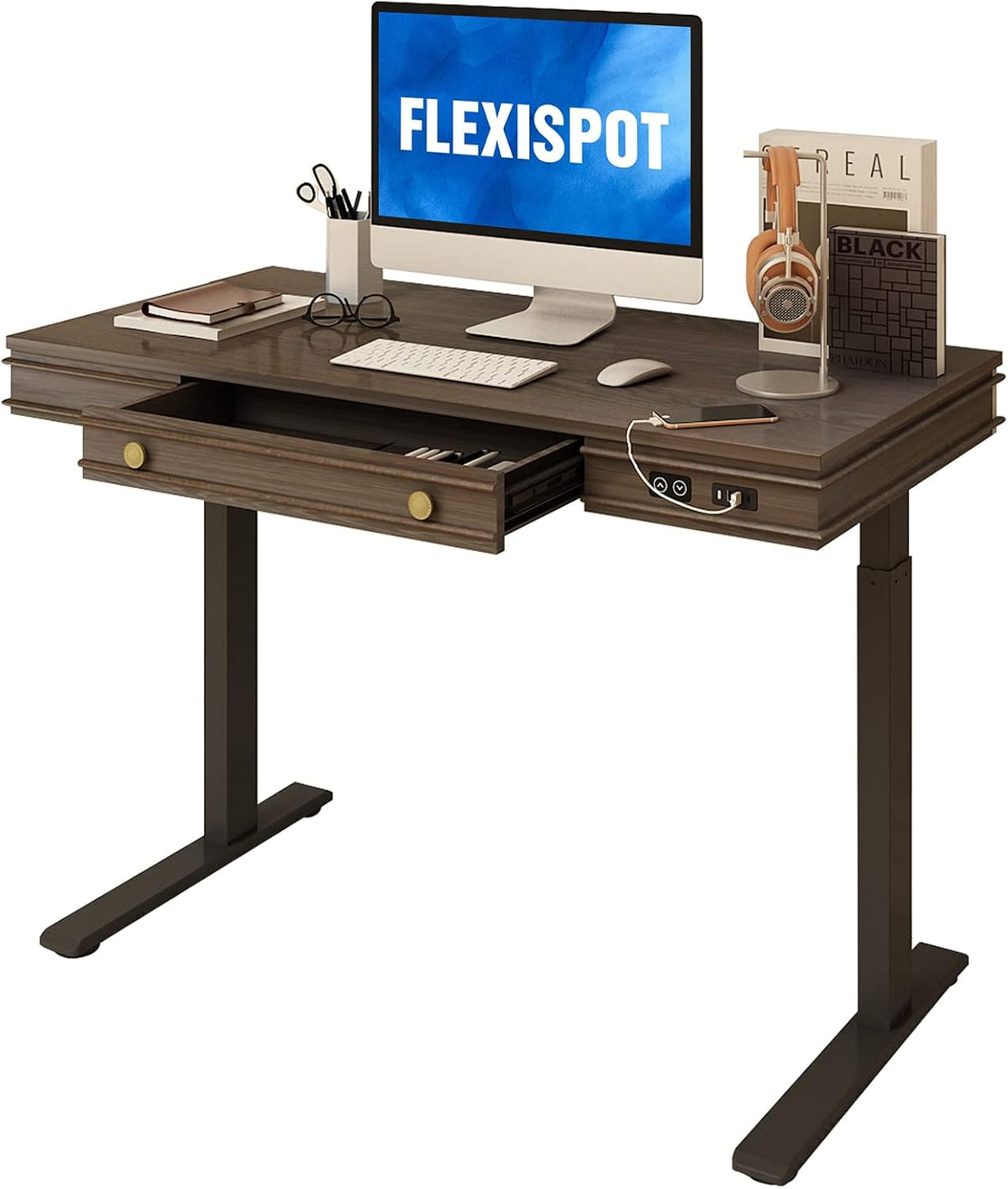 Espresso Cottage Oak Electric Standing Desk with Drawers M273
