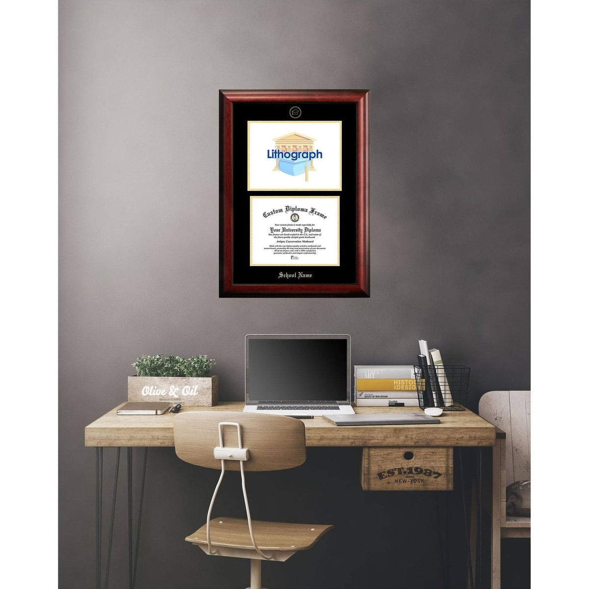 Gold Embossed Diploma Frame with Campus Images Lithograph O669484