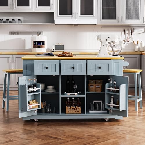 53" Rolling Kitchen Island Set with Power Outlet and Drop Leaf U500