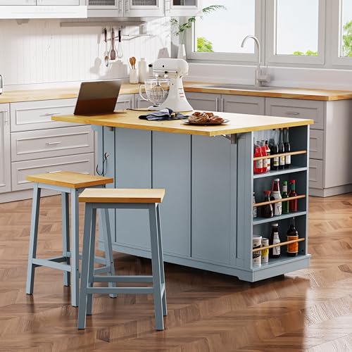 53" Rolling Kitchen Island Set with Power Outlet and Drop Leaf U500