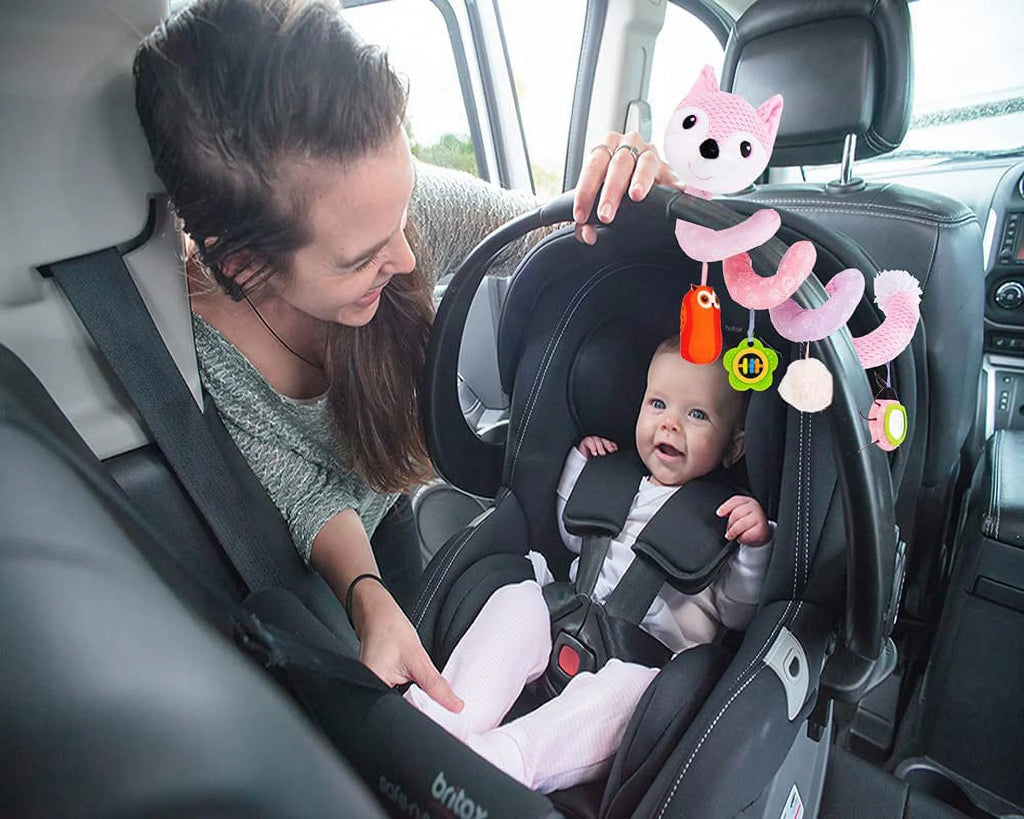 Pink Fox Baby Car Seat Toys with Musical Sheep Rattles Owl Ladybird Distorting Mirror Y980626