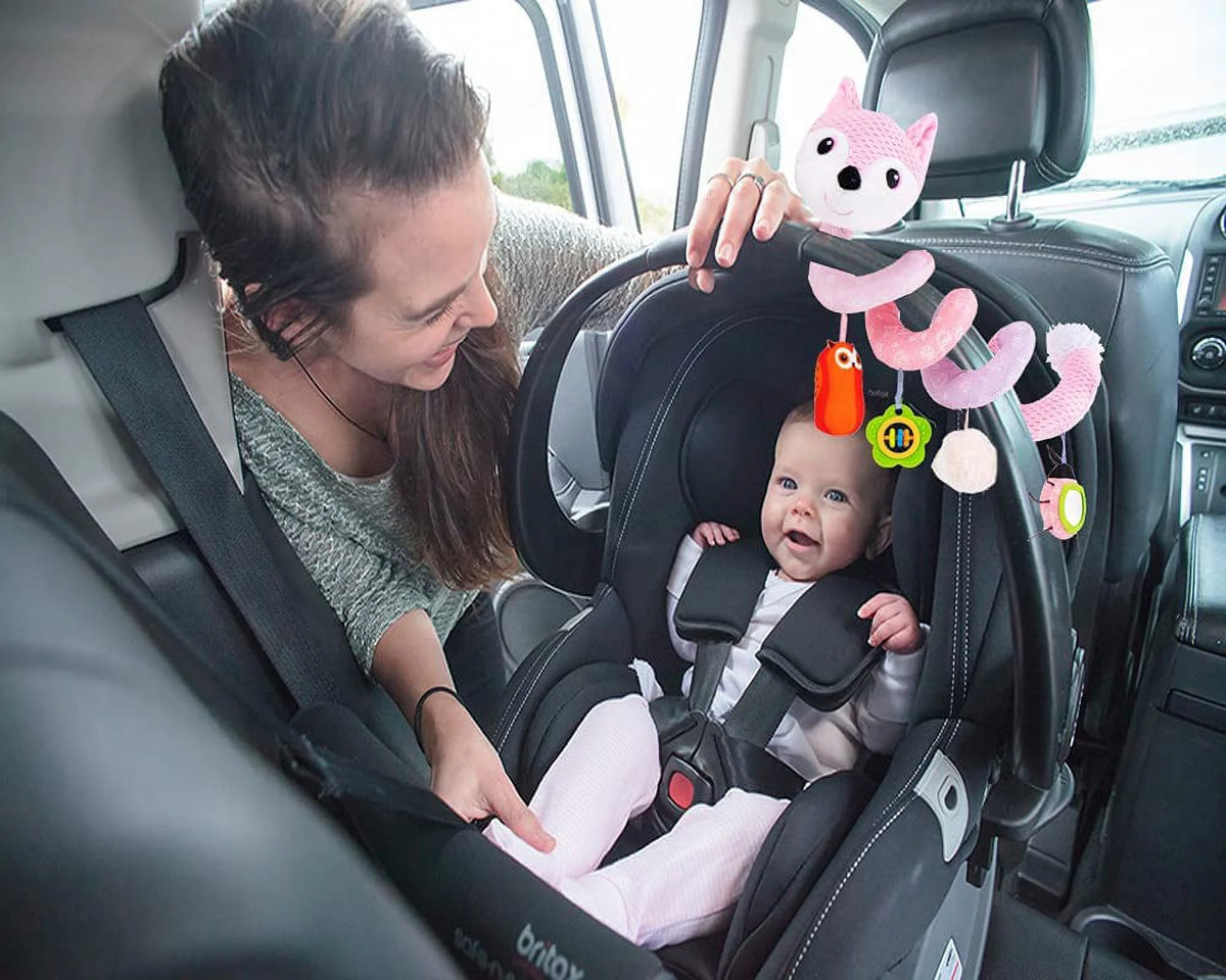 Pink Fox Baby Car Seat Toys with Musical Sheep Rattles Owl Ladybird Distorting Mirror Y980626