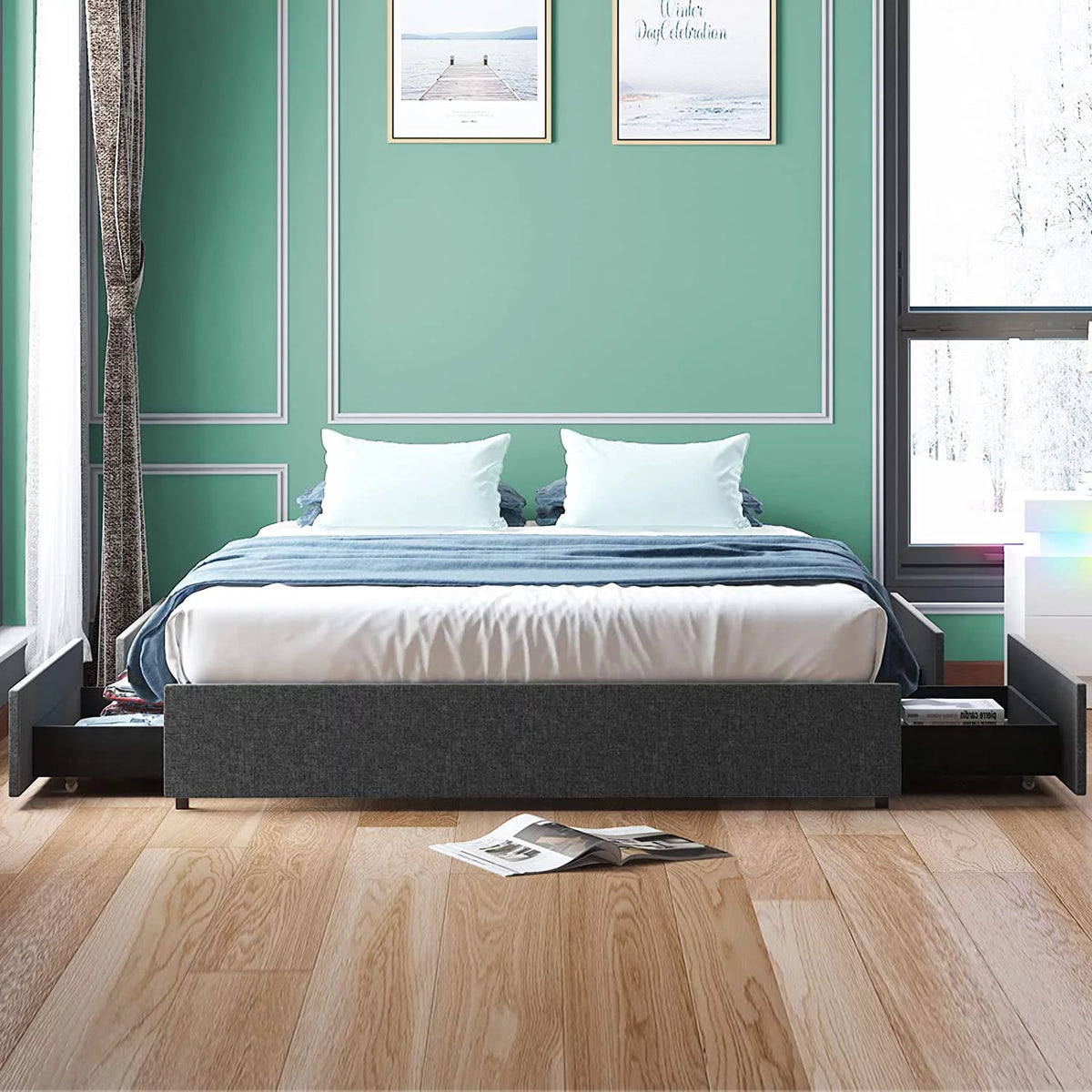 Cal King Size Platform Bed Frame with 4 Storage Drawers Cotton Linen Fabric Dark Grey P408123