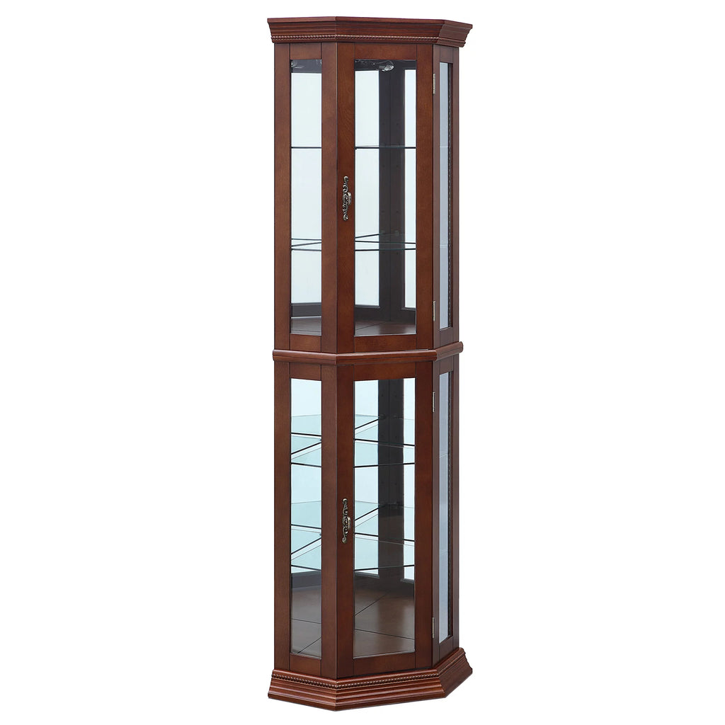 Walnut 5 Sided Lighted Corner Curio Cabinet X114