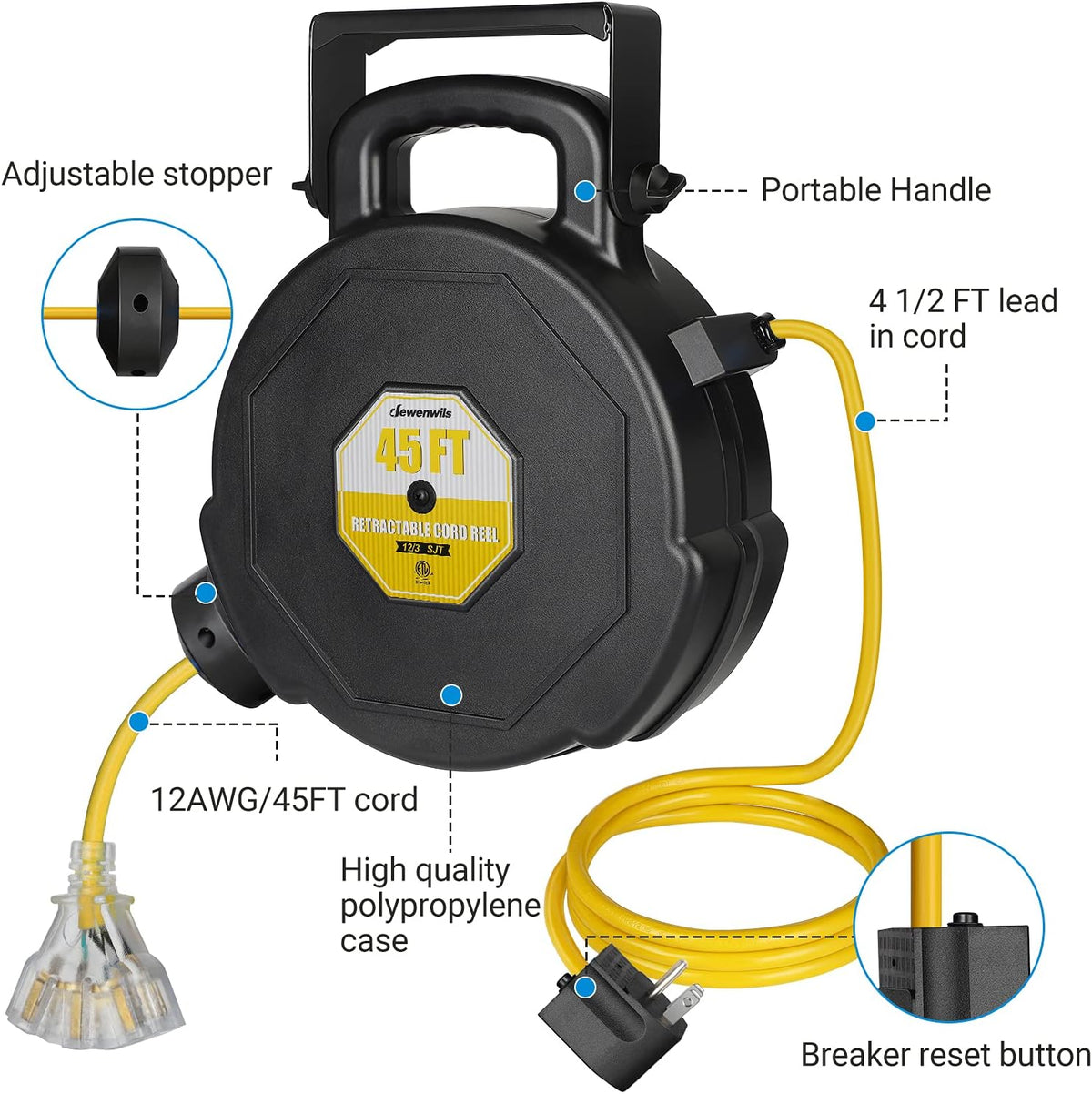 45FT Heavy Duty Retractable Extension Cord Reel with Triple Tap D584