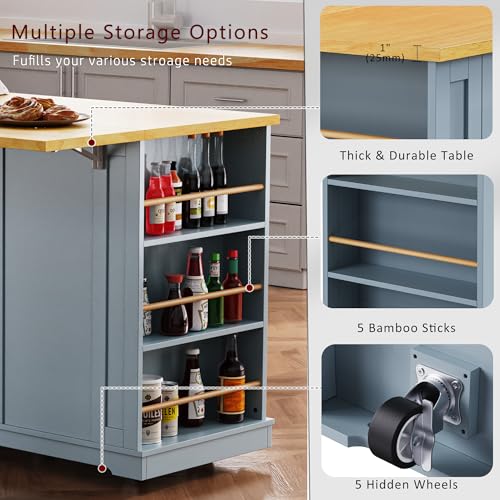 53" Rolling Kitchen Island Set with Power Outlet and Drop Leaf U500