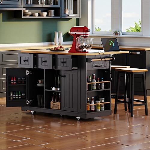 53" Rolling Kitchen Island Set with Power Outlet and Drop Leaf U500