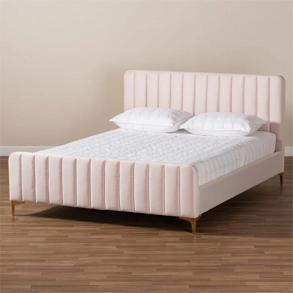 Pink Fabric Upholstered Gold Finished King Size Platform Bed V5699