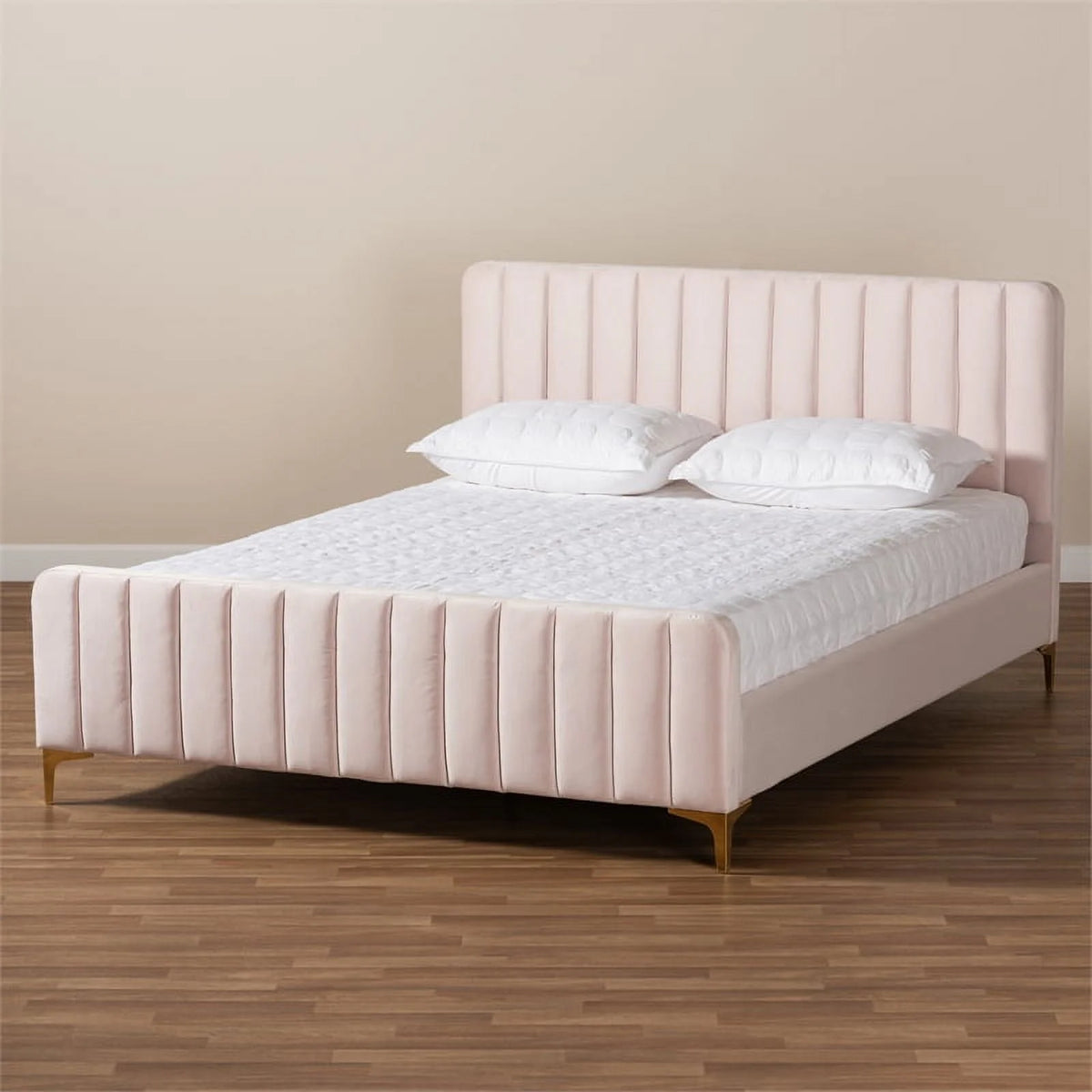 Pink Fabric Upholstered Gold Finished King Size Platform Bed V5699