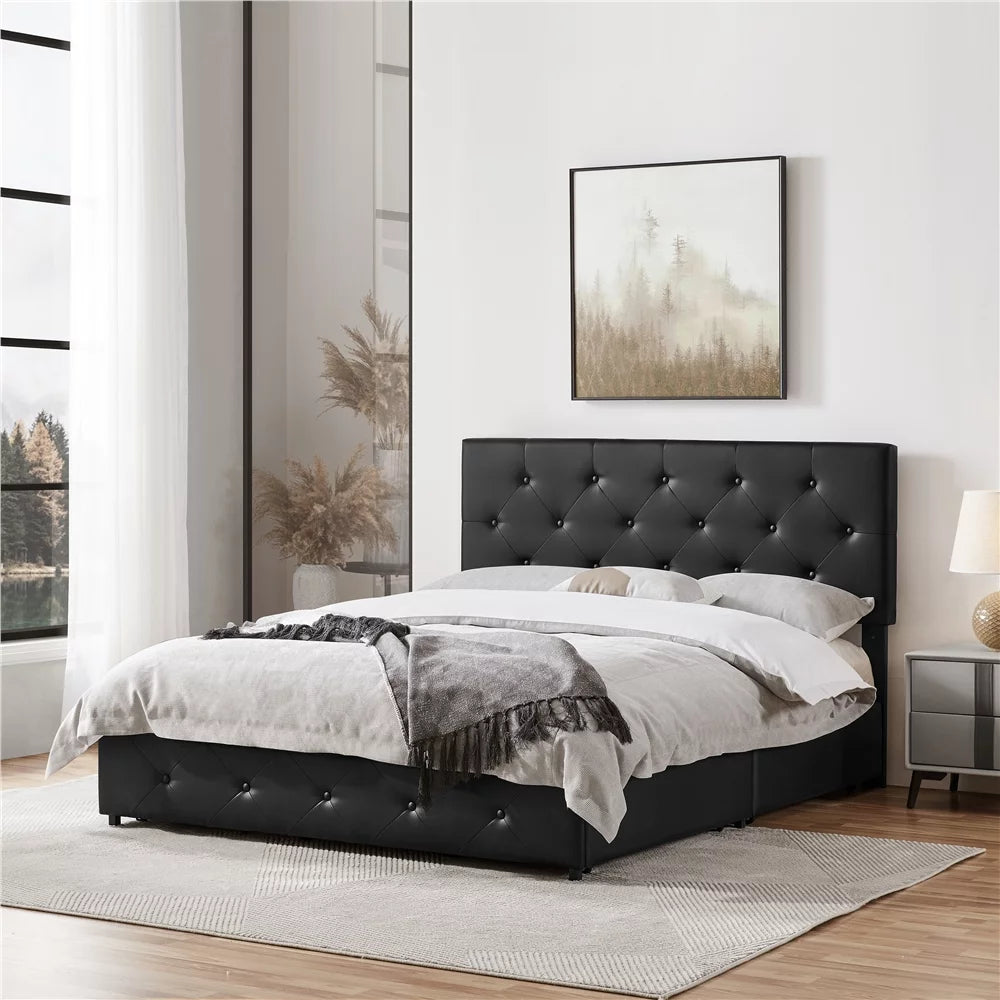 Black Queen Upholstered Platform Bed with Storage E882