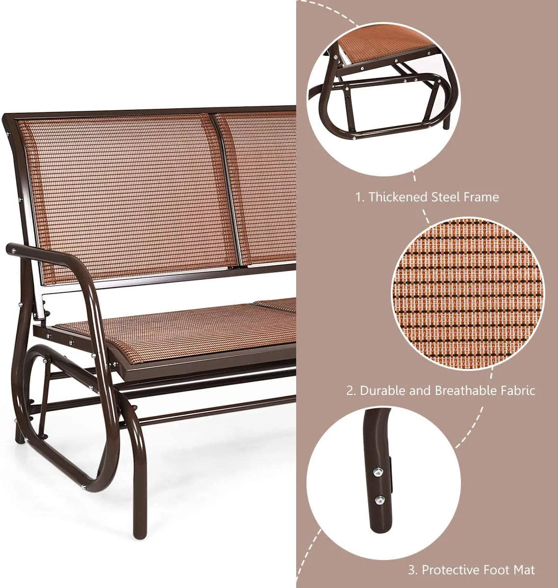 Brown Steel 48 Inch 2 Person Swing Glider Chair Y218412