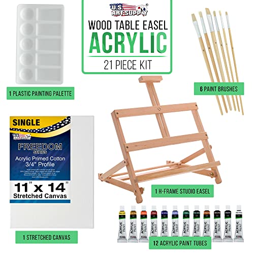 21-Piece Acrylic Painting Set with Wooden Easel, 12 Paint Colors, Canvas, 6 Brushes, Palette E2024