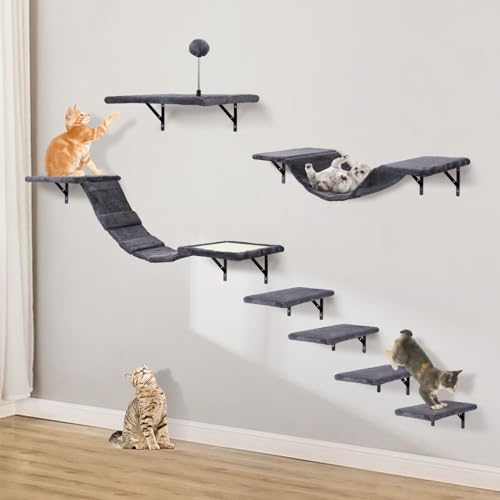7 Pcs Beige Wood Cat Climber Set with Shelves, Perches, Bridge, Hammock, Scratching Board K140