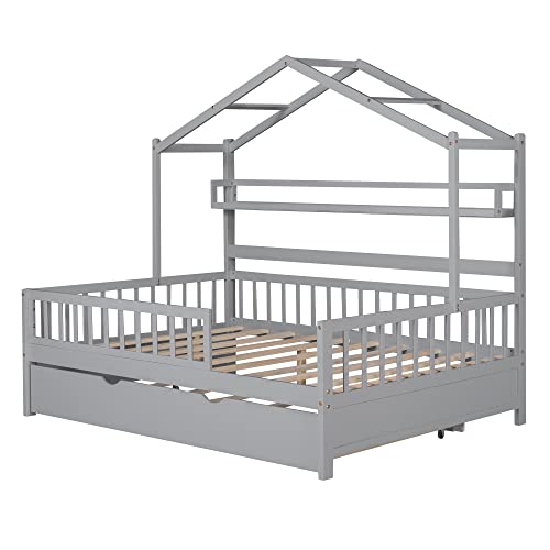 Pink Full Size Wooden House Bed with 2 Drawers Q770
