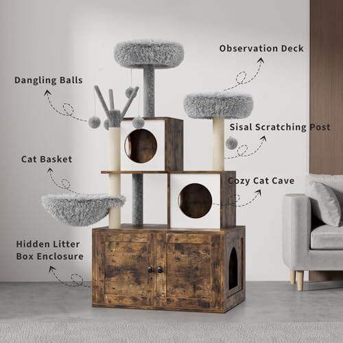 Oak Brown Cat Tree with Litter Box Enclosure Q55076