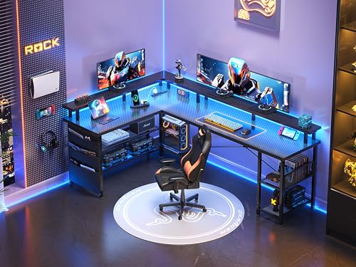 Black Carbon Fiber L Shaped Gaming Desk with Power Outlet and LED Lights C9126