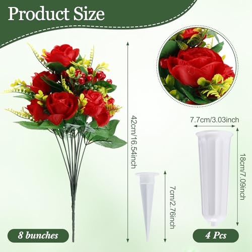 8 Bunches Silk Artificial Rose Bouquet with Grave Vase (White, Red) Q54732