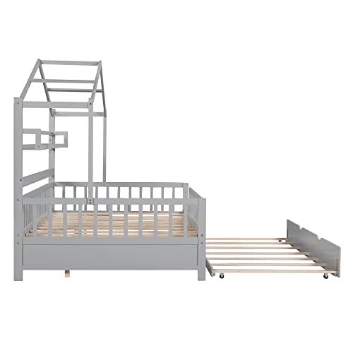 Pink Full Size Wooden House Bed with 2 Drawers Q770