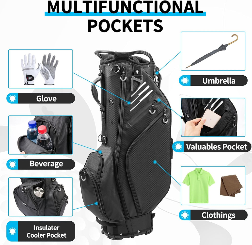 Black 14 Way Full-Length Dividers Lightweight Waterproof Golf Bag with Stand G86933