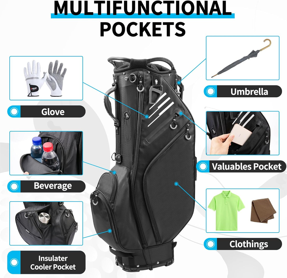 Black 14 Way Full-Length Dividers Lightweight Waterproof Golf Bag with Stand G86933