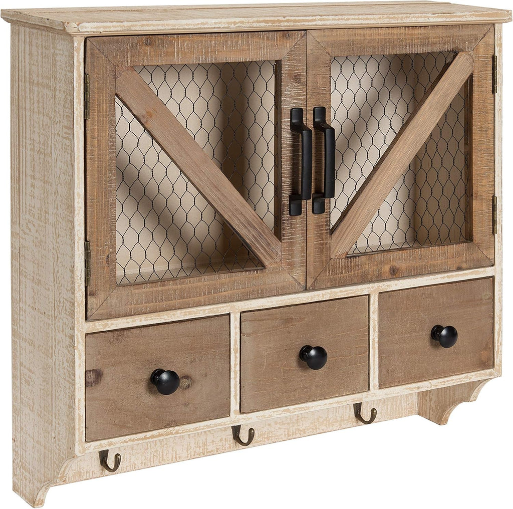 Rustic Wood Wall Cabinet with Magnetic Doors and Three Drawers A481844