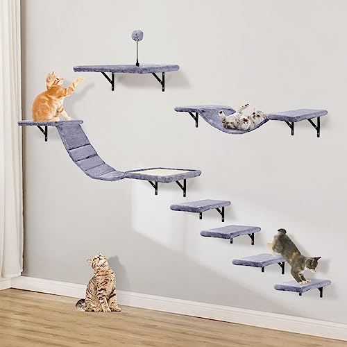 7 Pcs Beige Wood Cat Climber Set with Shelves, Perches, Bridge, Hammock, Scratching Board K140