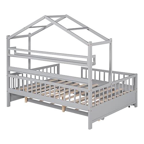 Pink Full Size Wooden House Bed with 2 Drawers Q770
