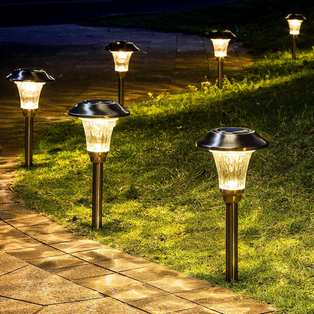 8 Pack Warm White Waterproof Glass Stainless Steel Solar Pathway Lights C775