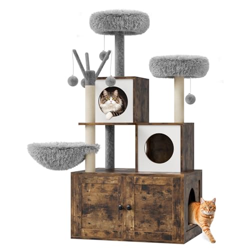 Oak Brown Cat Tree with Litter Box Enclosure Q55076