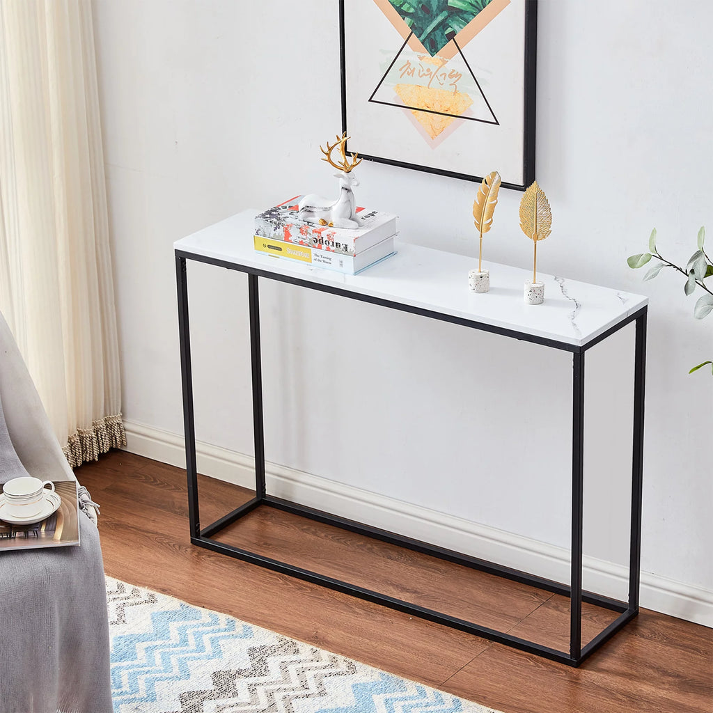Modern Console Table with White Marble Top and Black Metal Legs H176